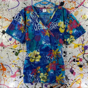 Colorful Tie Back Scrubs Top Coral Floral